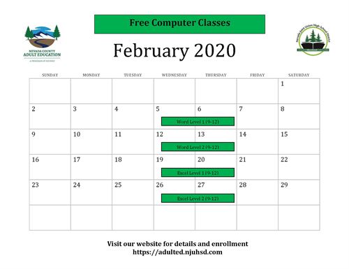 February 2020 Calendar of free computer classes